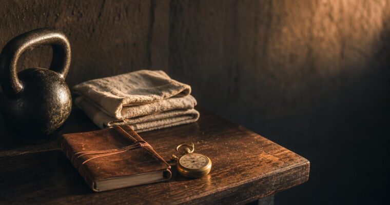 Detalle de un rincón de vestuario: banco de madera oscura, cuaderno de entrenamiento en cuero patiñado, cronómetro de latón, toallas dobladas de lino crema, pesa de acero, iluminados por la luz cálida del amanecer