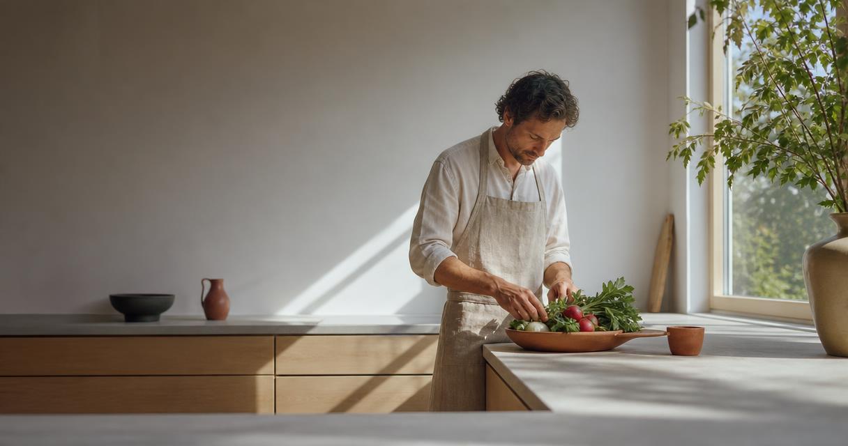 Persona en sus treinta años de pie en una cocina minimalista de roble claro, preparando vegetales frescos en un tazón de cerámica mientras la luz matinal proyecta sombras definidas sobre la encimera.