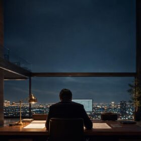 Persona de espaldas ante un escritorio de nogal en una oficina de penthouse nocturna. Documentos y pantalla iluminados por una lámpara de latón. Gran ventanal muestra la ciudad de noche. Luz cálida del escritorio, brillo ámbar de estantería al fondo, azul nocturno del exterior.