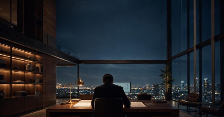 Persona de espaldas ante un escritorio de nogal en una oficina de penthouse nocturna. Documentos y pantalla iluminados por una lámpara de latón. Gran ventanal muestra la ciudad de noche. Luz cálida del escritorio, brillo ámbar de estantería al fondo, azul nocturno del exterior.