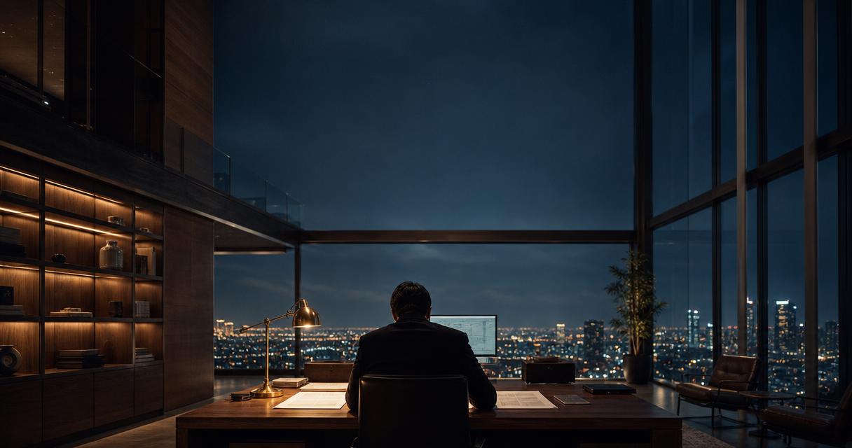 Persona de espaldas ante un escritorio de nogal en una oficina de penthouse nocturna. Documentos y pantalla iluminados por una lámpara de latón. Gran ventanal muestra la ciudad de noche. Luz cálida del escritorio, brillo ámbar de estantería al fondo, azul nocturno del exterior.