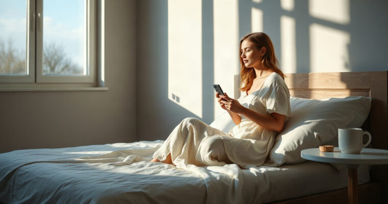 Mujer en sus treinta años sentada en el borde de una cama de roble claro, celular en mano, luz azul del amanecer colándose por grandes ventanas, proyectando sombras sobre travertino, expresión pensativa.