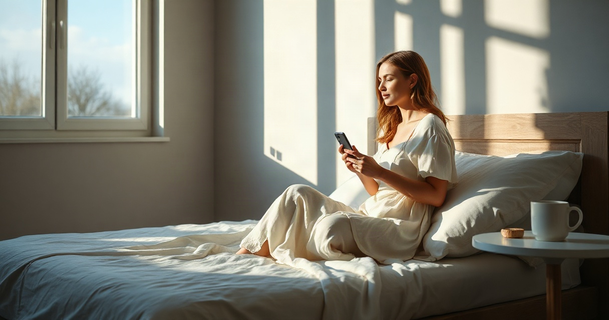 Mujer en sus treinta años sentada en el borde de una cama de roble claro, celular en mano, luz azul del amanecer colándose por grandes ventanas, proyectando sombras sobre travertino, expresión pensativa.