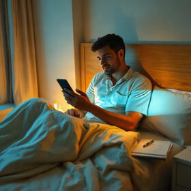 Escena nocturna en dormitorio minimalista: hombre en la cama con teléfono iluminado bajo luz de lámpara de diseño ámbar, mesita de noche clara, sombras largas, ventana con luces urbanas de fondo.