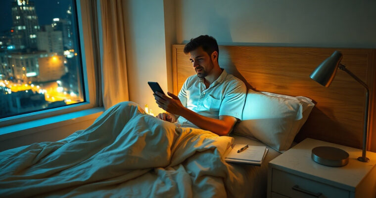 Escena nocturna en dormitorio minimalista: hombre en la cama con teléfono iluminado bajo luz de lámpara de diseño ámbar, mesita de noche clara, sombras largas, ventana con luces urbanas de fondo.