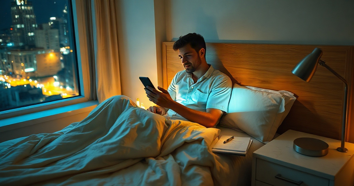 Escena nocturna en dormitorio minimalista: hombre en la cama con teléfono iluminado bajo luz de lámpara de diseño ámbar, mesita de noche clara, sombras largas, ventana con luces urbanas de fondo.