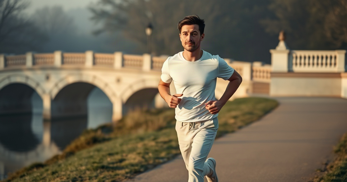 Un hombre en sus treinta años corre al amanecer junto a un río, en movimiento decidido con expresión concentrada. Luz fría de madrugada crea sombras alargadas. Camiseta blanca y pantalón crema. Puente de piedra pálida y árboles entre niebla al fondo.