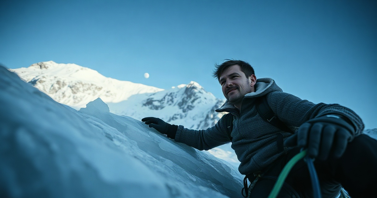 Montañero en su treinta y tantos descansa una mano sobre granito oscuro en pendiente helada de montaña alpina antes del amanecer, aliento visible, mandíbula tensa de concentración, rodeado de cimas oscuras y cielo de madrugada.