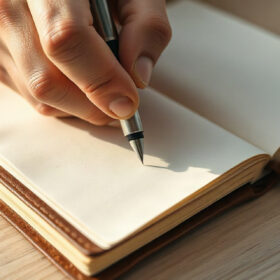 Primer plano de dos manos escribiendo con bolígrafo sobre papel blanco en un cuaderno de cuero. Luz matinal directa ilumina el trazo y la textura del papel. Escritorio de madera clara desenfocado al fondo.
