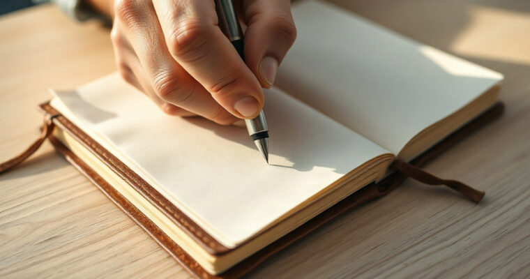 Primer plano de dos manos escribiendo con bolígrafo sobre papel blanco en un cuaderno de cuero. Luz matinal directa ilumina el trazo y la textura del papel. Escritorio de madera clara desenfocado al fondo.