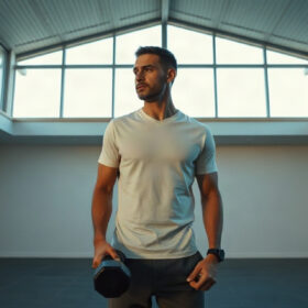 Un hombre en sus treinta y pocos de pie en un gimnasio minimalista bajo un ventanal que deja entrar luz horizontal del amanecer. Viste camiseta blanca deportiva y pantalones oscuros. Su mano descansa ligeramente en una mancuerna. El espacio es amplio con paredes blancas, suelos de piedra oscura, madera clara y acero. Luz fría que define sombras. Está solo, tranquilo, sin esfuerzo visible.