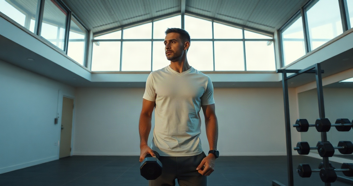 Un hombre en sus treinta y pocos de pie en un gimnasio minimalista bajo un ventanal que deja entrar luz horizontal del amanecer. Viste camiseta blanca deportiva y pantalones oscuros. Su mano descansa ligeramente en una mancuerna. El espacio es amplio con paredes blancas, suelos de piedra oscura, madera clara y acero. Luz fría que define sombras. Está solo, tranquilo, sin esfuerzo visible.