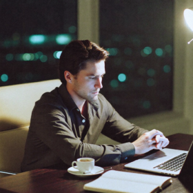 Hombre en su treinta y pocos sentado ante un escritorio minimalista moderno de noche, iluminado por una lámpara de diseño cálida, expresión muestra agotamiento pero concentración; taza de espresso vacía en el escritorio, portátil abierto frente a él, ventana grande a oscuras mostrando la ciudad de noche al fondo