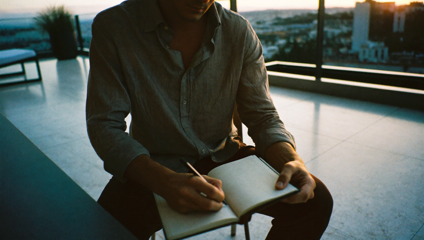 Un hombre en una terraza privada al atardecer, escribiendo en un cuaderno, solo, con vista a la distancia y luz dorada que se desvanece.
