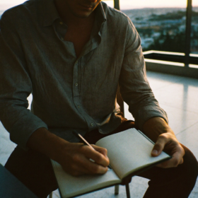 Un hombre en una terraza privada al atardecer, escribiendo en un cuaderno, solo, con vista a la distancia y luz dorada que se desvanece.