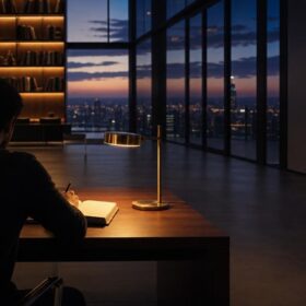 Persona de espaldas escribiendo en un cuaderno de cuero sobre un escritorio de nogal en un estudio de techo doble. Ventanales del piso al techo muestran la ciudad al anochecer. Luz cálida de una lámpara de latón en primer plano, estanterías iluminadas al fondo, sombras profundas con texturas visibles de madera y cuero.