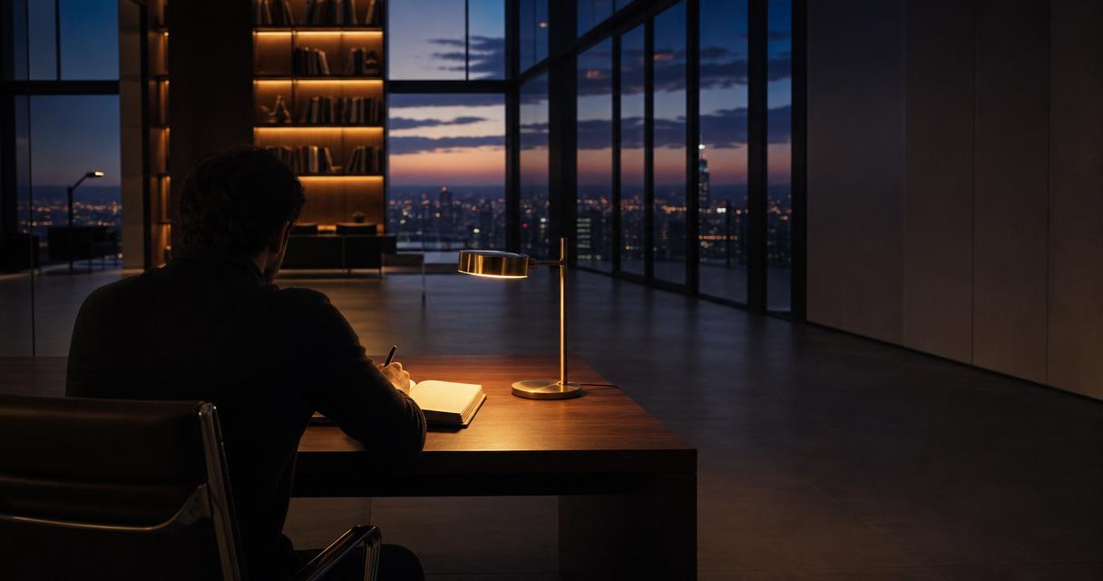 Persona de espaldas escribiendo en un cuaderno de cuero sobre un escritorio de nogal en un estudio de techo doble. Ventanales del piso al techo muestran la ciudad al anochecer. Luz cálida de una lámpara de latón en primer plano, estanterías iluminadas al fondo, sombras profundas con texturas visibles de madera y cuero.