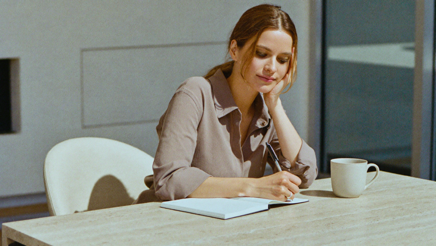 Mujer en sus treinta escribiendo en una libreta abierta sobre una mesa de travertina clara, luz de mediodía entrando por una ventana grande, una taza de cerámica al lado