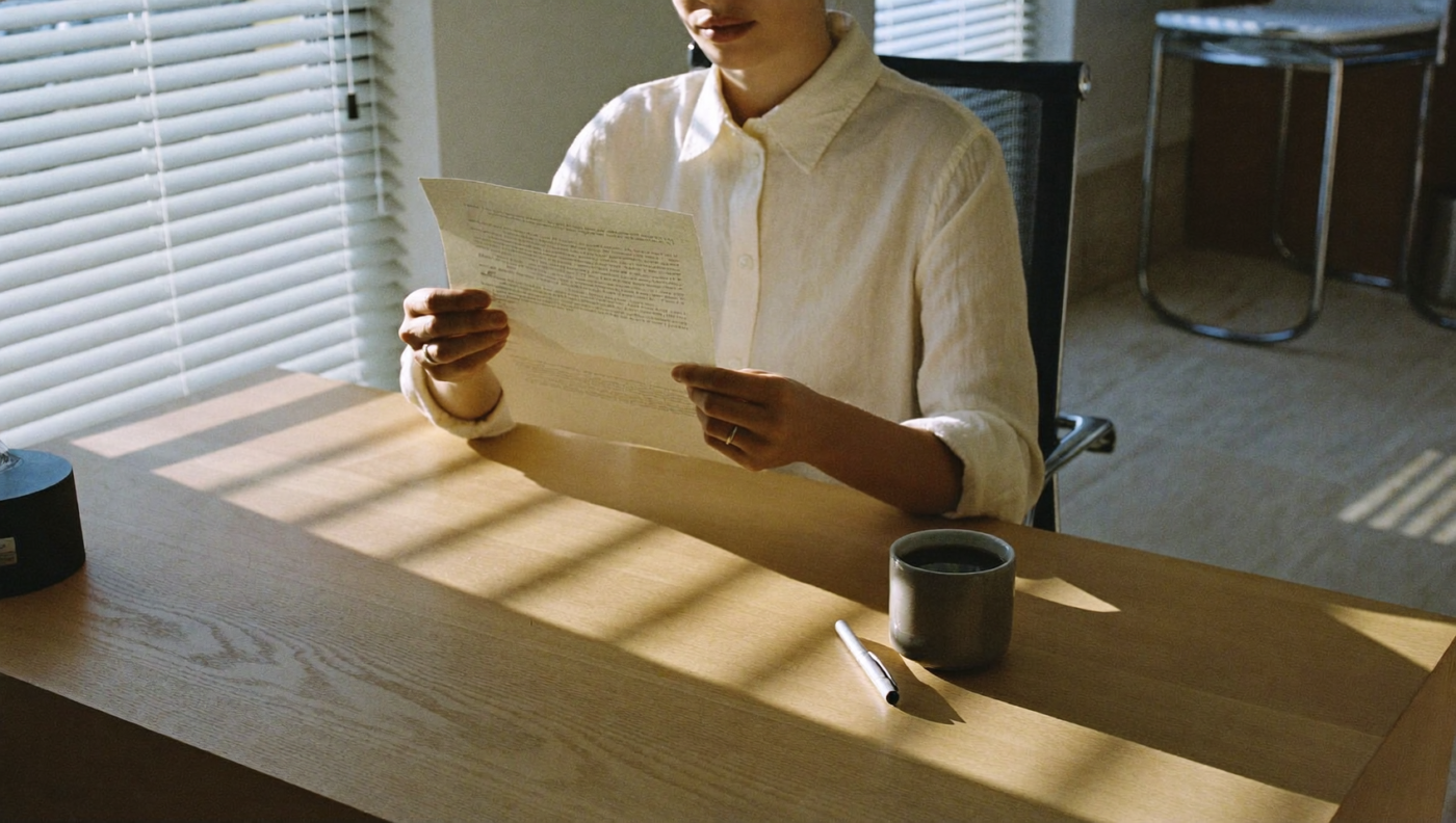 Una persona en una camisa de lino color crema se sienta en un escritorio de roble claro, leyendo una carta abierta. Sombras suaves de persianas venecianas cruzan la superficie de travertino. Una taza de café y una pluma descansan intactas a un lado. La luz de la tarde filtra suavemente por la ventana.