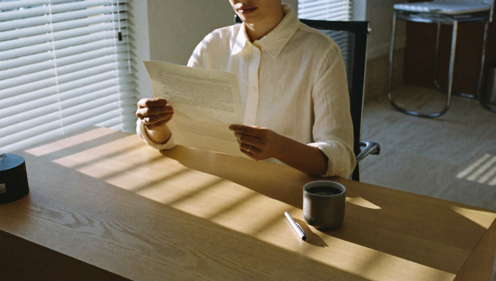 Una persona en una camisa de lino color crema se sienta en un escritorio de roble claro, leyendo una carta abierta. Sombras suaves de persianas venecianas cruzan la superficie de travertino. Una taza de café y una pluma descansan intactas a un lado. La luz de la tarde filtra suavemente por la ventana.