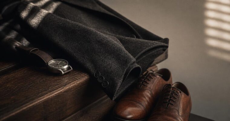 Primer plano de prendas y accesorios de lujo: una chaqueta de lana gris carbón sobre madera de nogal, zapatos de cuero envejecido, un reloj de acero con correa cognac, iluminados por luz lateral cálida y resplandor filtrado por persianas.