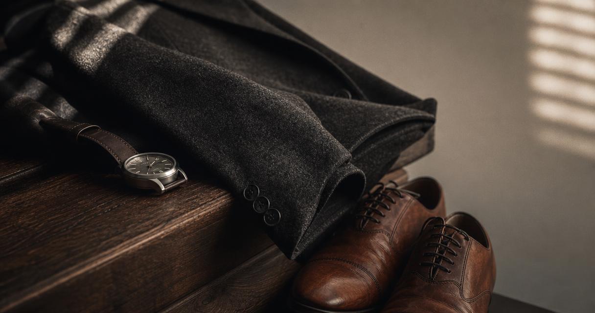 Primer plano de prendas y accesorios de lujo: una chaqueta de lana gris carbón sobre madera de nogal, zapatos de cuero envejecido, un reloj de acero con correa cognac, iluminados por luz lateral cálida y resplandor filtrado por persianas.