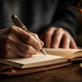 Manos escribiendo en un cuaderno de cuero abierto con pluma estilográfica desgastada, una taza de café humeante al borde del encuadre, iluminadas por la luz cálida de una lámpara de latón envejecido en la mañana temprana.