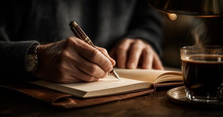 Manos escribiendo en un cuaderno de cuero abierto con pluma estilográfica desgastada, una taza de café humeante al borde del encuadre, iluminadas por la luz cálida de una lámpara de latón envejecido en la mañana temprana.