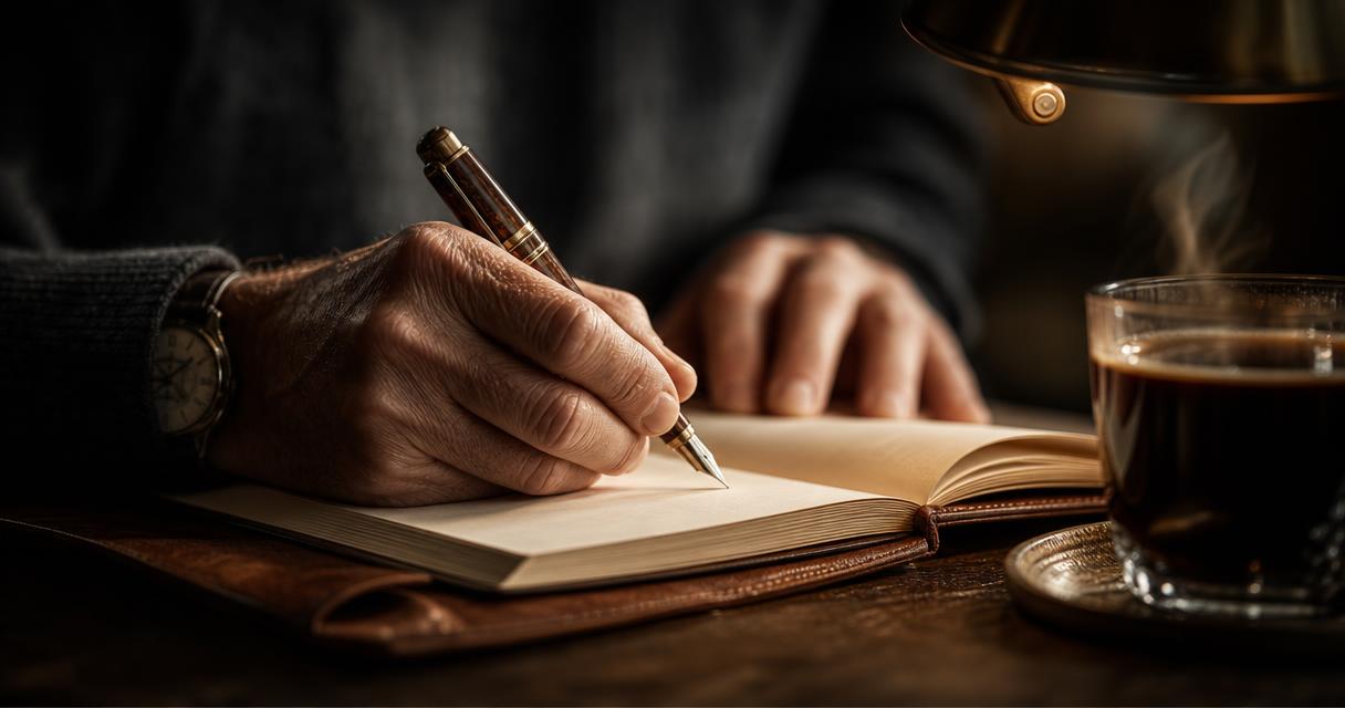 Manos escribiendo en un cuaderno de cuero abierto con pluma estilográfica desgastada, una taza de café humeante al borde del encuadre, iluminadas por la luz cálida de una lámpara de latón envejecido en la mañana temprana.