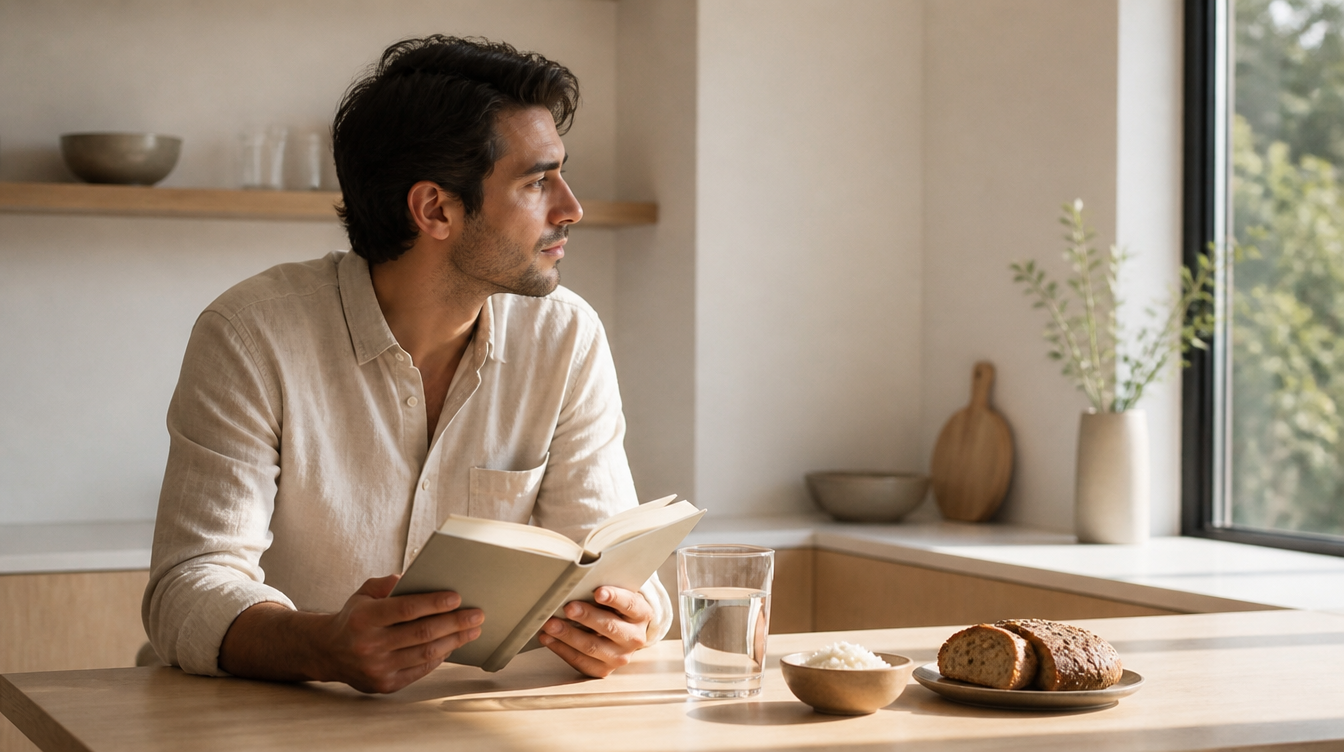 Una persona de treinta años en una cocina moderna y luminosa de media mañana, con comida simple sobre encimera de roble claro: pan integral, vaso de agua y cuenco pequeño de arroz. Luz natural clara entra por ventana alta. Viste ropa simple, está de pie junto al mostrador, leyendo o mirando por la ventana con expresión tranquila y deliberada.